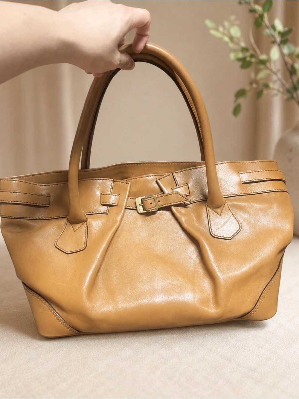 Max Mara Camel Brown Leather Belted Tote Bag